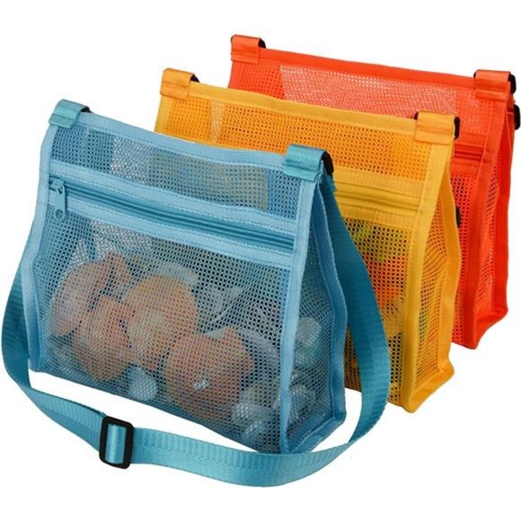 Mesh Bag for Holding Beach Shell,Toys (Blue&Yellow&Orange 3pack)Shell Collecting - Picture 1 of 6